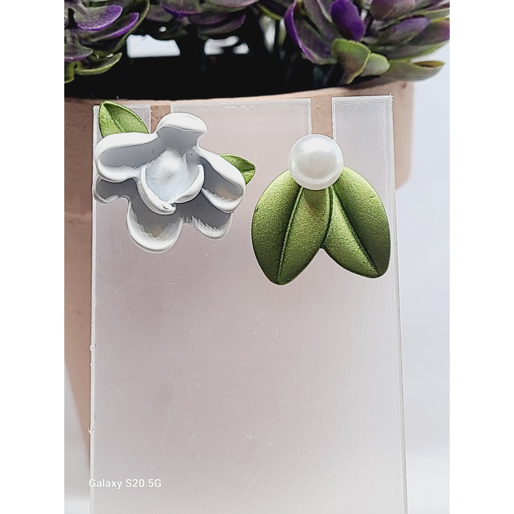 Asymmetrical White Flower and Green Leaf Faux Pearl Stud Earrings Matte Enamel